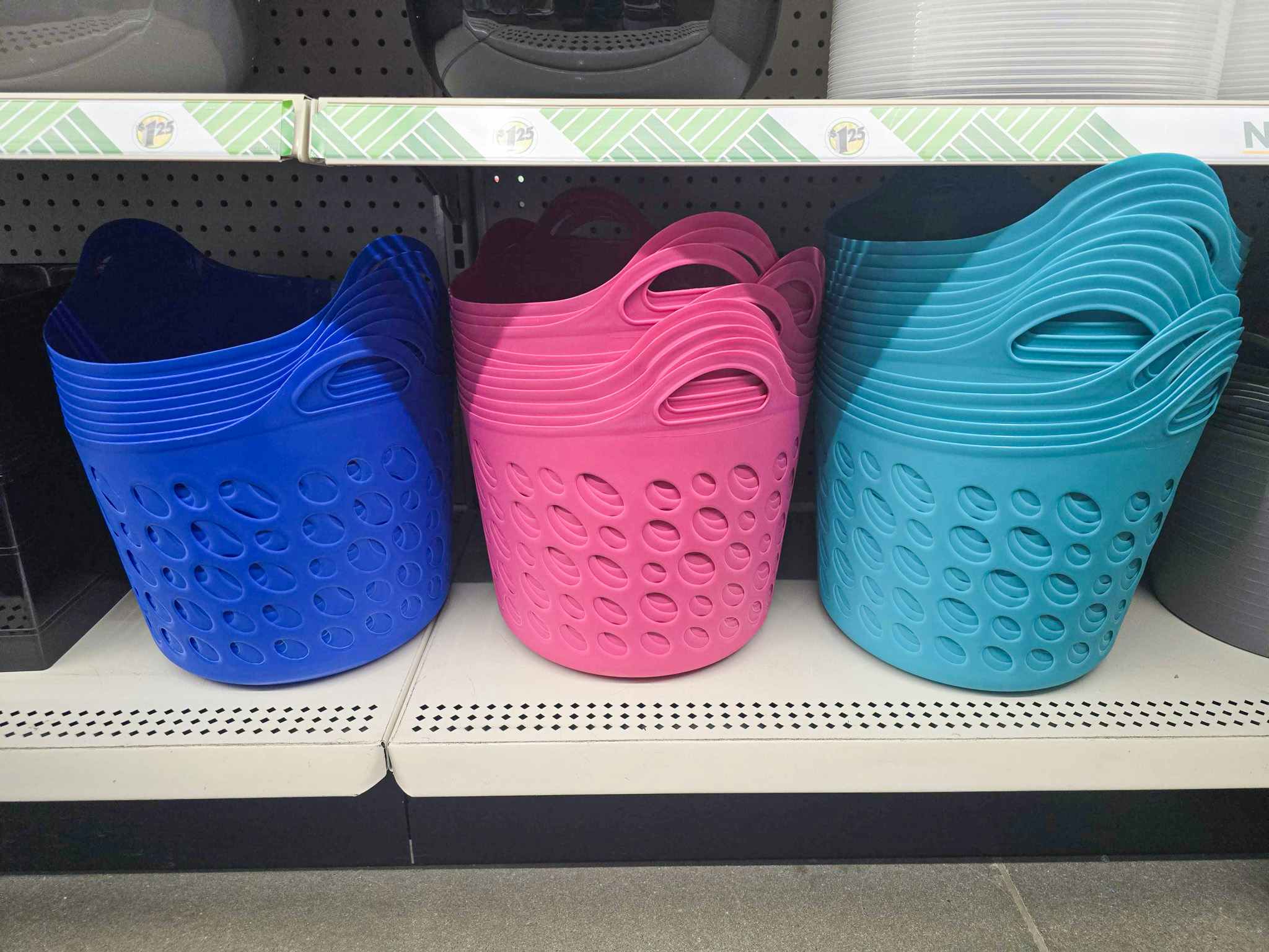 round storage baskets on a shelf