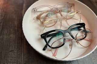 5 warren Parker glasses in a white dish