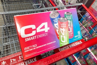 a box of 15 energy drinks in a costco cart