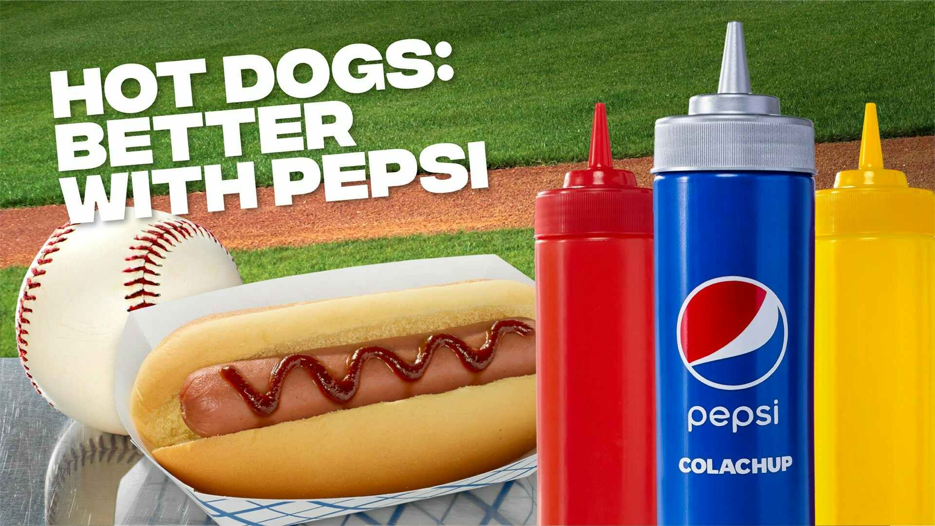 A hot dog, various condiments, and the new Pepsi-infused "Colachup