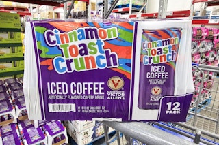 cinnamon toast crunch coffee sitting on the edge of a cart