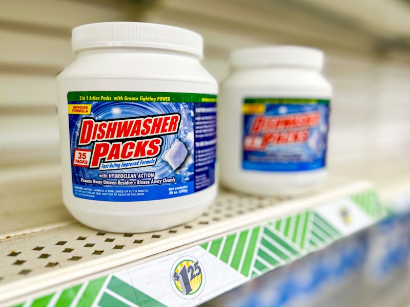 containers of dishwasher pods on a shelf