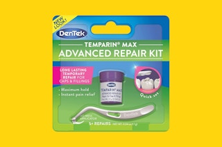 DenTek Temparin Max Advanced Dental Repair Kit on a yellow background