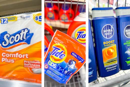 collage image of scott toilet paper, tide pods, and nivea body wash