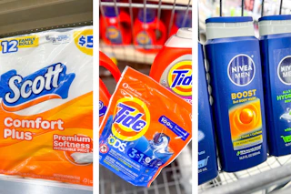 collage image of scott toilet paper, tide pods, and nivea body wash