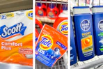 collage image of scott toilet paper, tide pods, and nivea body wash