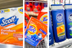 collage image of scott toilet paper, tide pods, and nivea body wash