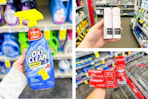 collage image of oxi clean laundry spray, colgate toothpaste, and nexxus dry shampoo