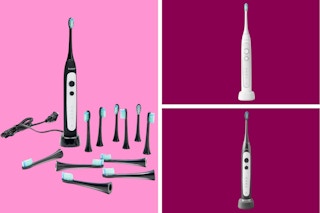 A black electric toothbrush set with 12 brush heads next to a singular white and grey electric toothbrush