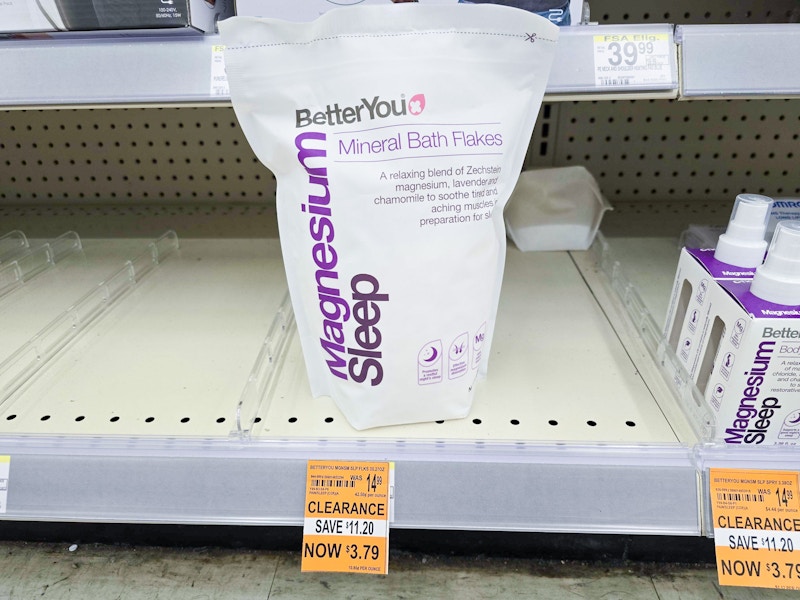 large bag of bath flakes with a $3.79 clearance sign