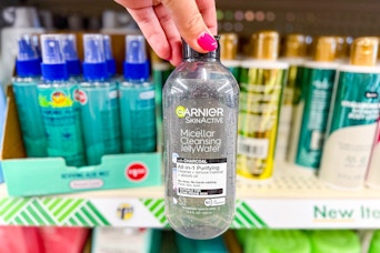 hand holding garnier micellar water at dollar tree