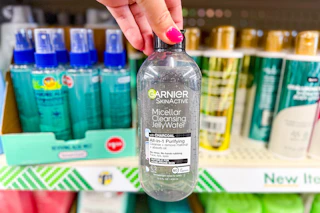 hand holding garnier micellar water at dollar tree