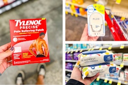 collage image of tylenol pain patch, febreze plug, and honest wipes