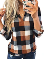 Dokotoo Women's Plaid V-Neck Tunic
