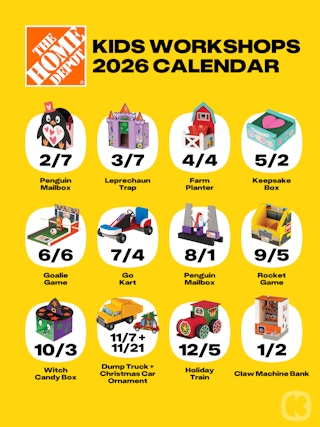 Graphic of the home depot kids workshops 2026 calendar