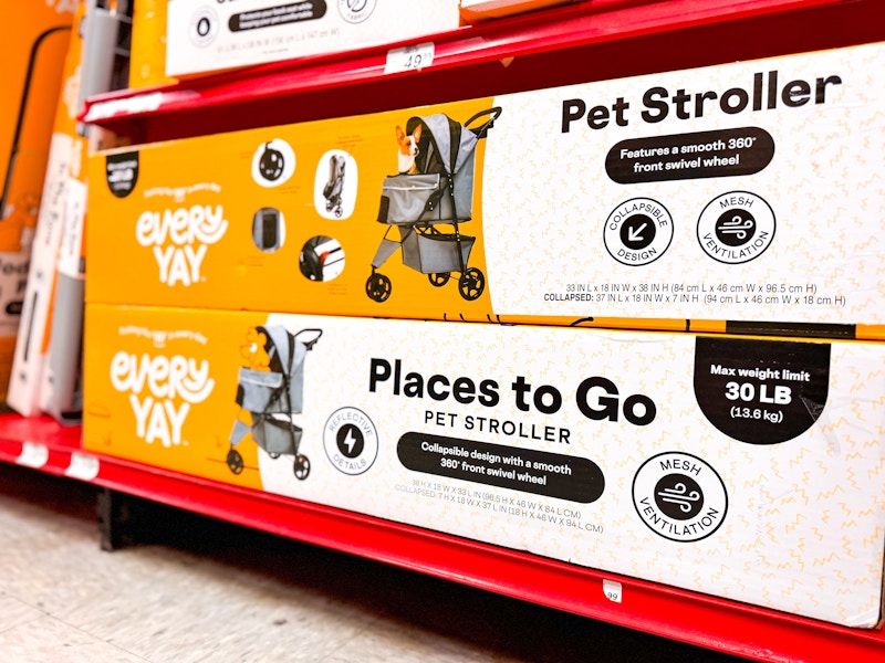 pet strollers on a shelf