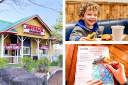 three images of kids eating free at outback 