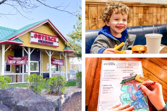 three images of kids eating free at outback 