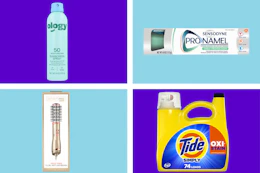 collage with sunscreen, toothpaste, detergent, and a hot air brush