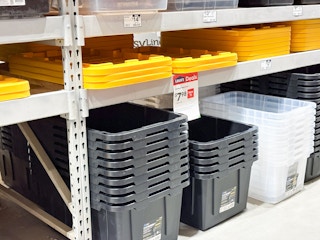 project source 27 gallon stackable storage totes on lowes shelf