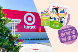 Image of a Target store with 2 images of the May Mother's Day freebies 