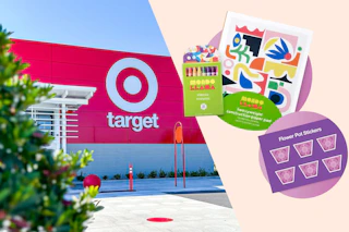 Image of a Target store with 2 images of the May Mother's Day freebies 