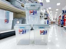 3 Hefty Storage bins in center aisle in Target store