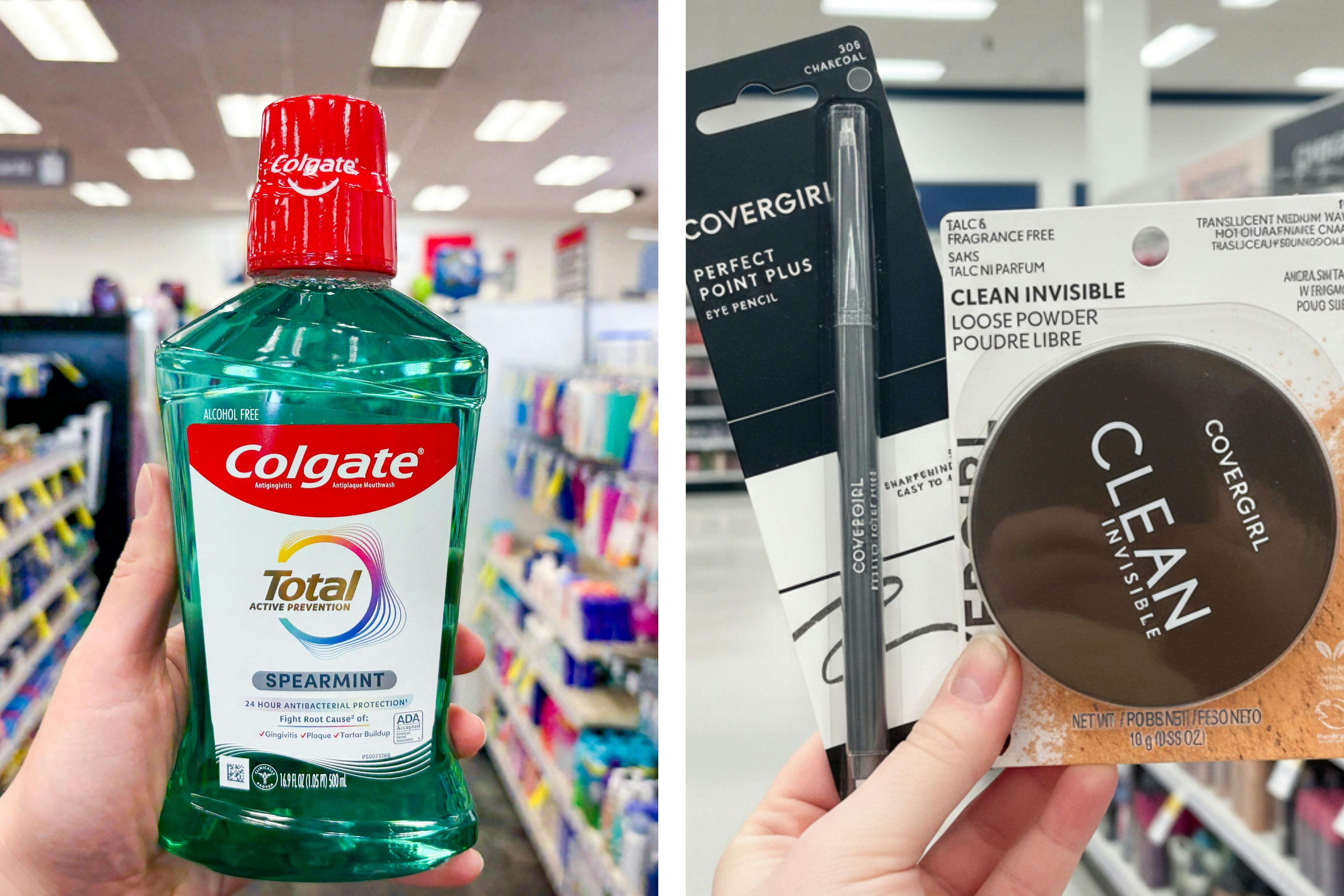 collage image of colgate mouthwash and covergirl makeup