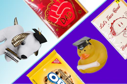 Dollar General penny list items including a graduation cap rubber duck, plush toy, Dad gift bag, Oreo cookies, and Let's Taco Bout It card