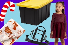 candy cane pillow, gingerbread blanket, yellow and black storage, toddler maroon dress