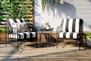 Lifestyle image of the Better Homes & Gardens 3-Piece Outdoor Chat Set in strip print