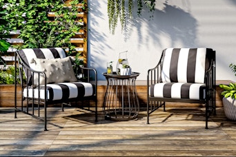Lifestyle image of the Better Homes & Gardens 3-Piece Outdoor Chat Set in strip print