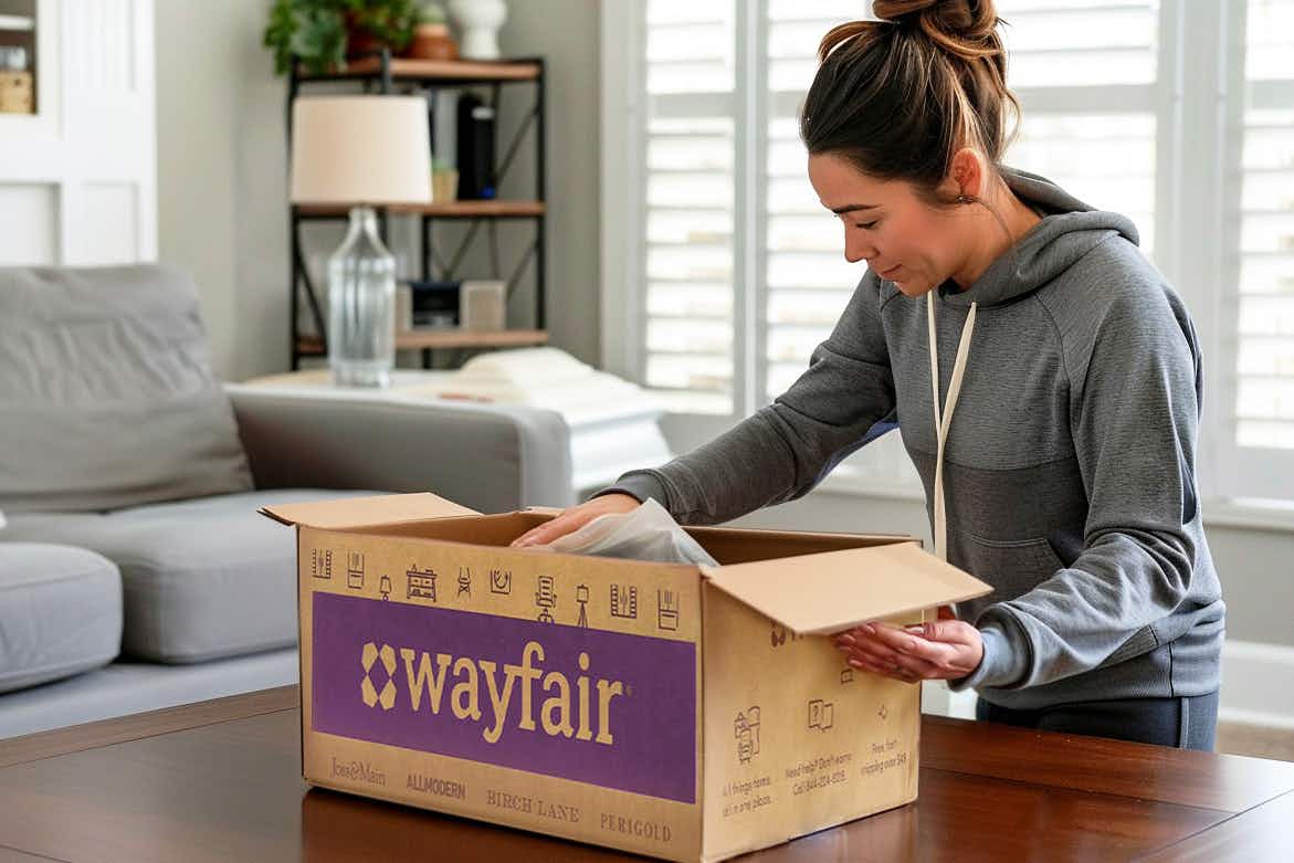 woman brings wayfair box into her home