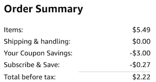 an amazon order summary ending in $2.22