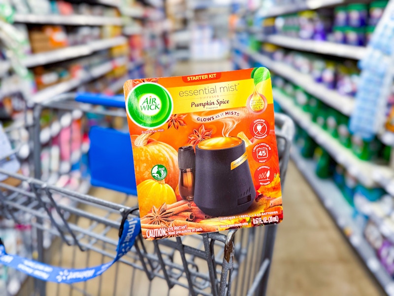 pumpkin spice air wick starter kit on walmart cart in aisle