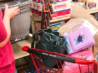 Woman placing a planter pot in a full shopping cart