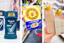collage image of degree deodorant, honey bunches of oats cereal, and olive & june nail files