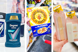 collage image of degree deodorant, honey bunches of oats cereal, and olive & june nail files
