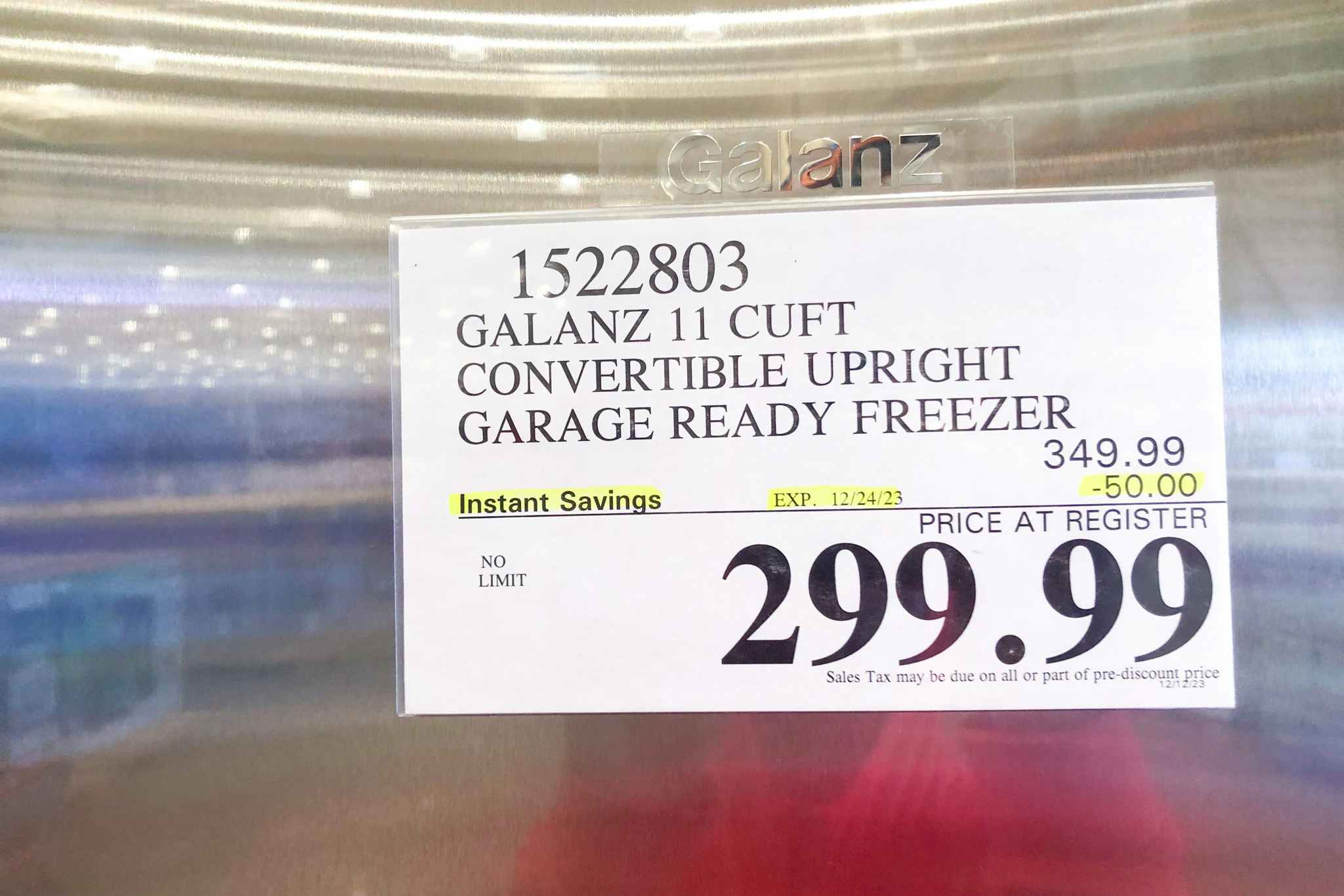 costco galanz convertible upright freezer or refrigerator tag
