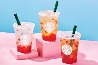 starbucks drinks on a pink table