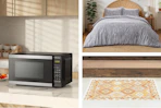 Hamilton Beach microwave, Bedsure bedding set, doormat
