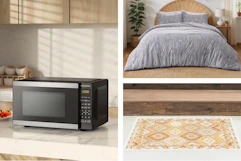 Hamilton Beach microwave, Bedsure bedding set, doormat