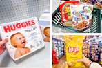 huggies, lays, and general mills cereal side by side