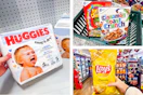huggies, lays, and general mills cereal side by side