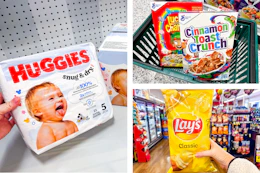 huggies, lays, and general mills cereal side by side