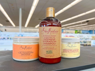 sheamoisture manuka honey shampoo, coconut hibiscus curl enhancing smoothie, and jamaican black castor oil leave-in conditioner