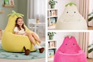 3 lifestyle images of Eggplant Kids' Bean Bag Chairs in yellow, white and pink