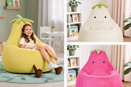 3 lifestyle images of Eggplant Kids' Bean Bag Chairs in yellow, white and pink