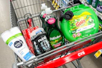 nivea shave gel, axe deodorant, colgate toothpaste, palmolive dish soap, and gain flings in a cart