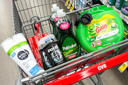 nivea shave gel, axe deodorant, colgate toothpaste, palmolive dish soap, and gain flings in a cart